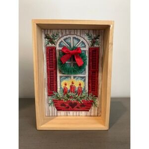 Cross Stitch Shadow Box Window Wreath - Christmas Decor 6.5x4.5